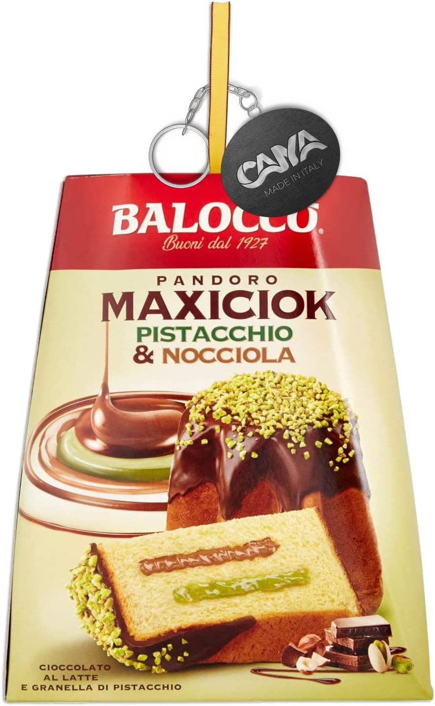 2X Balocco, Pandoro MaxiCiok con Granella di Pistacchio, Nocciole e Cioccolato a Latte 800 g con Portachiavi RASPADA [2 Pezzi]