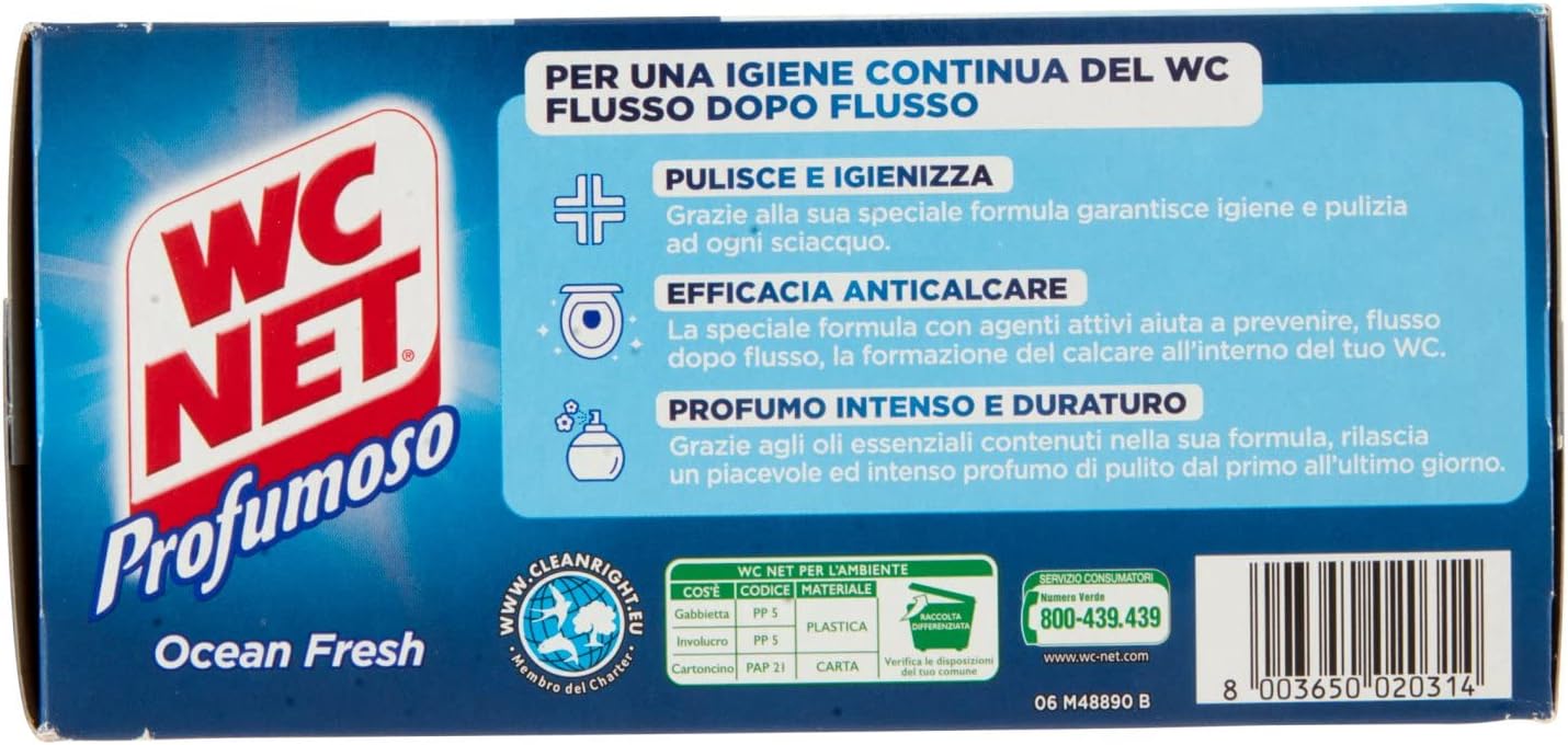 Wc Net - Tavoletta Profumoso Igiene Continua, Detergente Igienizzante Solido per WC, Azione Anticalcare e Profumo Intenso, Fragranza Ocean Fresh, 4 Pezzi