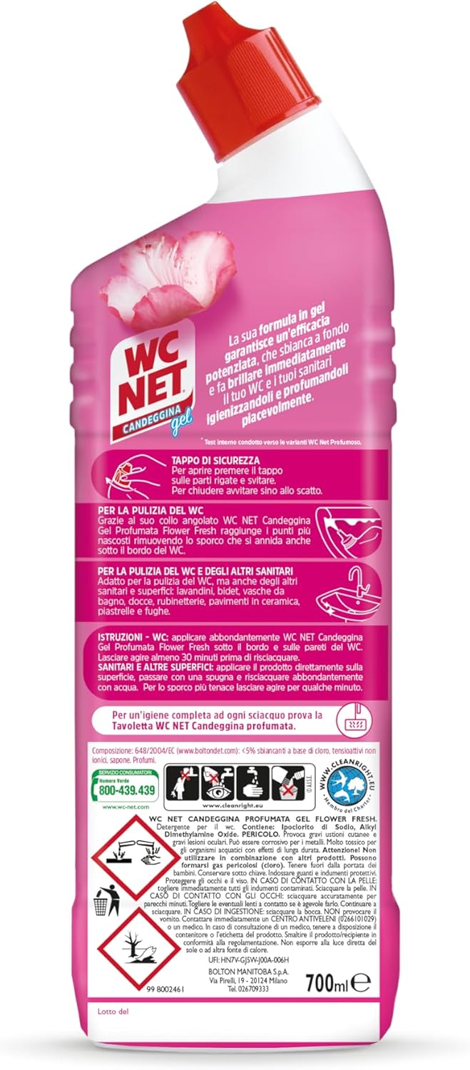 Wc Net - Candeggina Gel Profumata, Detergente per Sanitari e Superfici, Azione Sbiancante e Igienizzante, Fragranza Flower Fresh, 700 ml