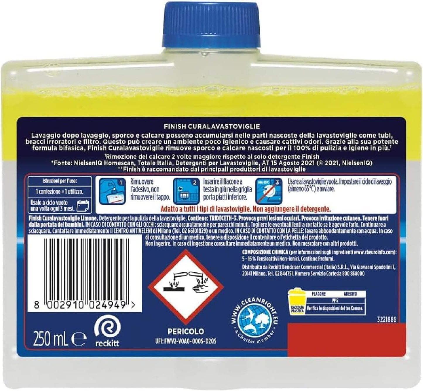 Finish Curalavastoviglie, Additivo Lavastoviglie, 1 Prodotto per Pulizia Lavastoviglie da 250 ml, Cura Lavastoviglie al Limone