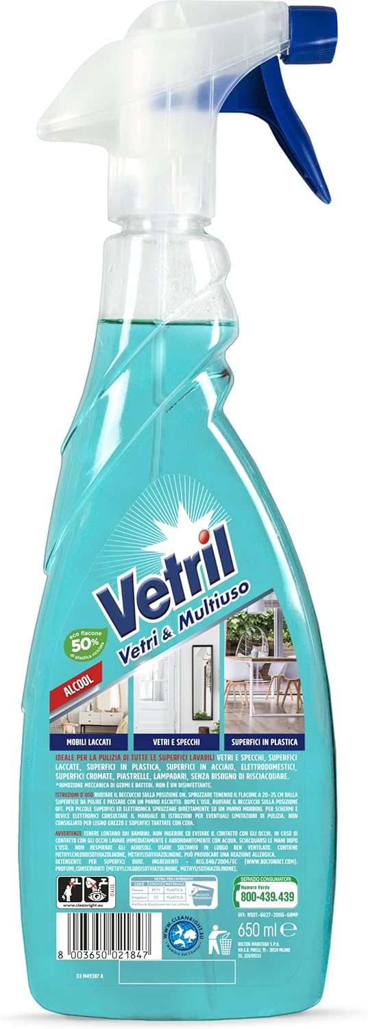 Vetril - Spray Igienizzante Vetri e Superfici, rimuove i Cattivi Odori, Tecnologia asciuga rapido, in Ecoflacone, 650 ml x 12 pezzi