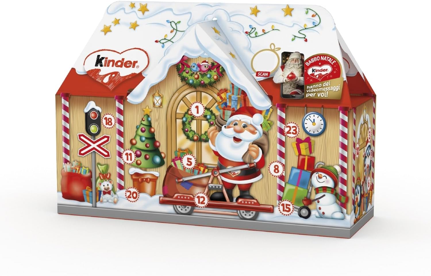 Kinder Dolce Casa - Calendario Avvento 2024, 24 Cioccolatini e Snack Assortiti Kinder, con Speciale Videomessaggio da Babbo Natale, Idea Regalo, Confezione da 234 gr