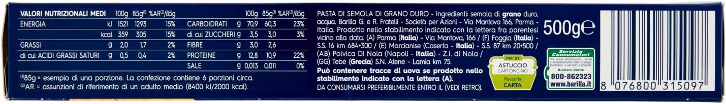 Barilla Pasta Bucatini N.9, Pasta Lunga di Semola di Grano Duro, I Classici, Tempo di Cottura 8 Minuti, Confezione da 500g