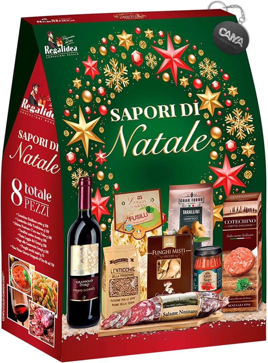 Regalidea Sapori di Natale 2023 Strenna con 8 Pezzi: Cotechino, Lenticchie, Salame, Tarallini, Pasta, Sugo, Funghi, Vino