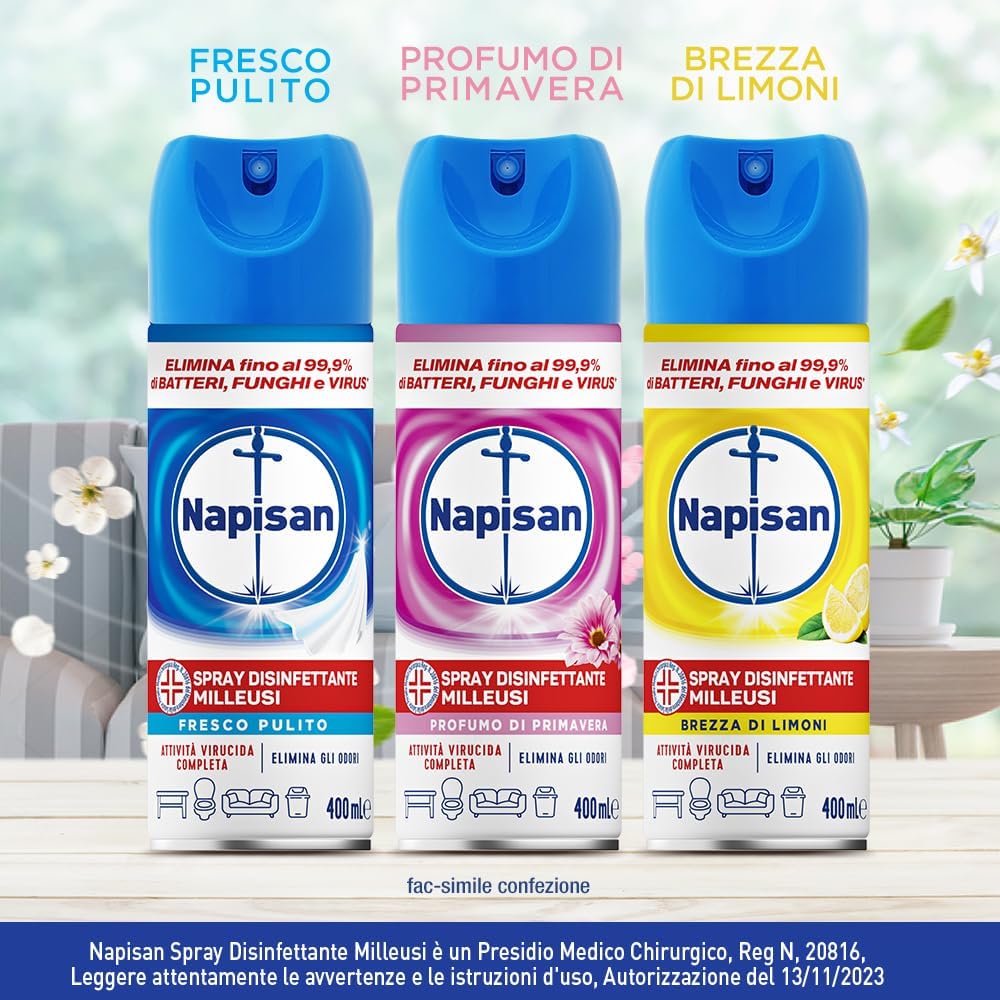 Napisan Spray Disinfettante Milleusi, per Tessuti e Superfici, Fragranza Profumo di Primavera, Spray da 400ml