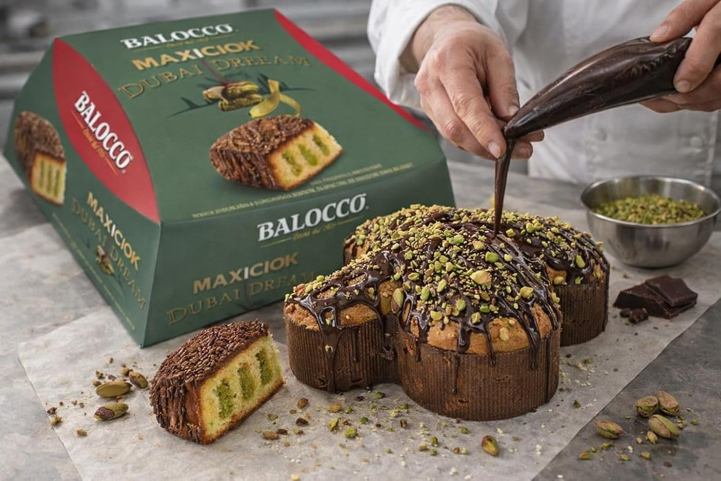 Balocco Colomba Pasquale Maxiciok Dubai Dream Merendine con Crema Pistacchio e Copertura al Cacao, Snack Dolce Ripieno Soffice per Colazione e Merenda Pasqua