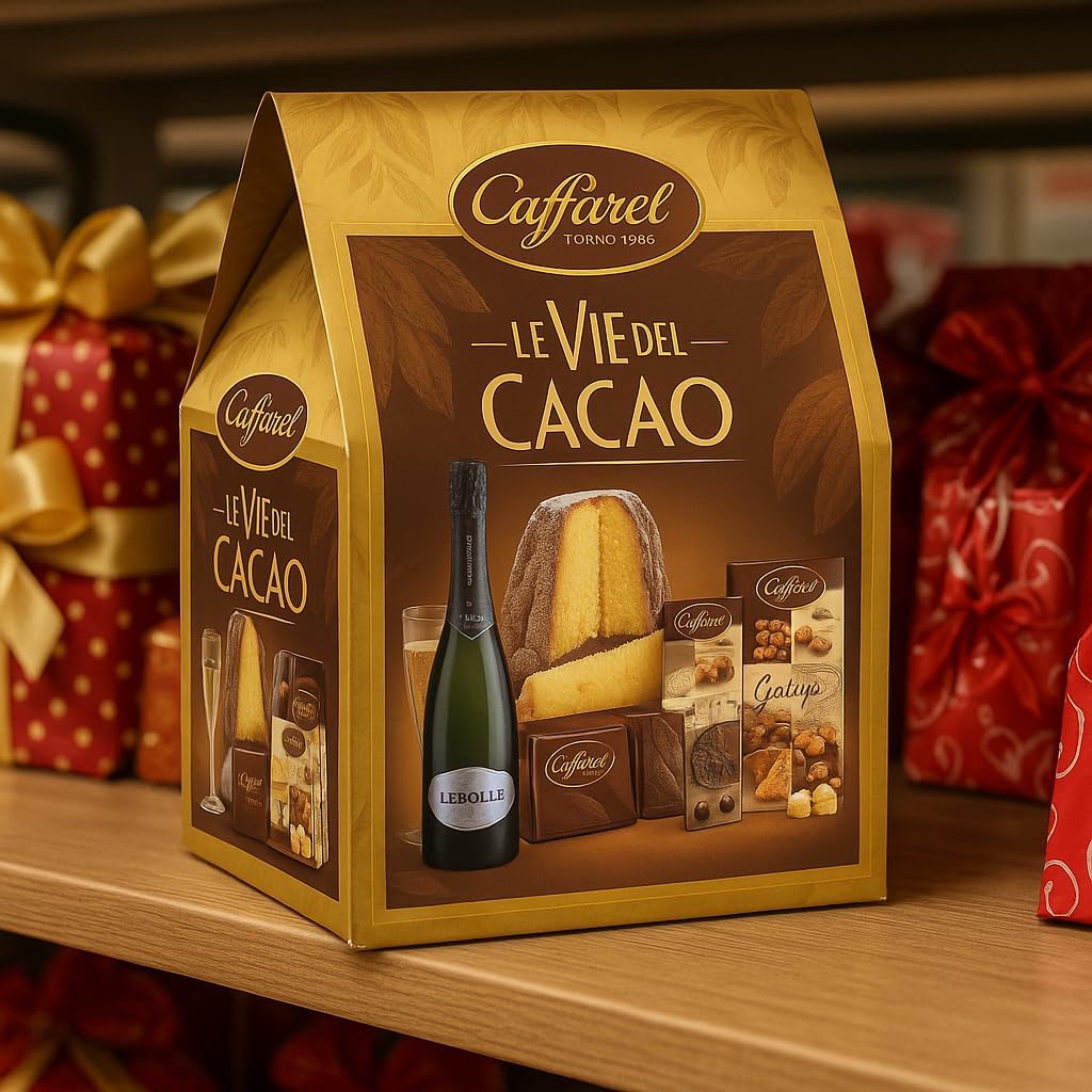 Cesto Natalizio Le Vie del Cacao 5 Pezzi con Panettone, Cioccolato Artigianale, Dolci Assortiti e Spumante Dolce, Confezione Regalo Elegante e Gourmet per Natale, Idea Regalo Raffinata Made in Italy