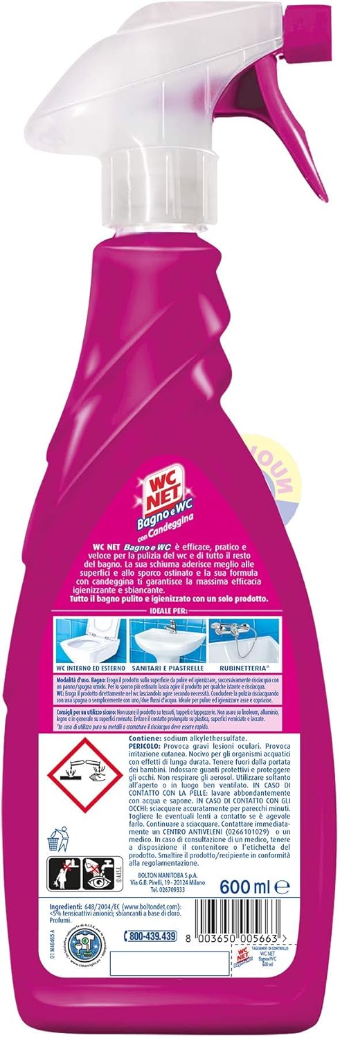 Wc Net - Bagno e Wc con Candeggina, Detergente Spray per Sanitari e Superfici, Azione Igienizzante e Sbiancante, 600 ml