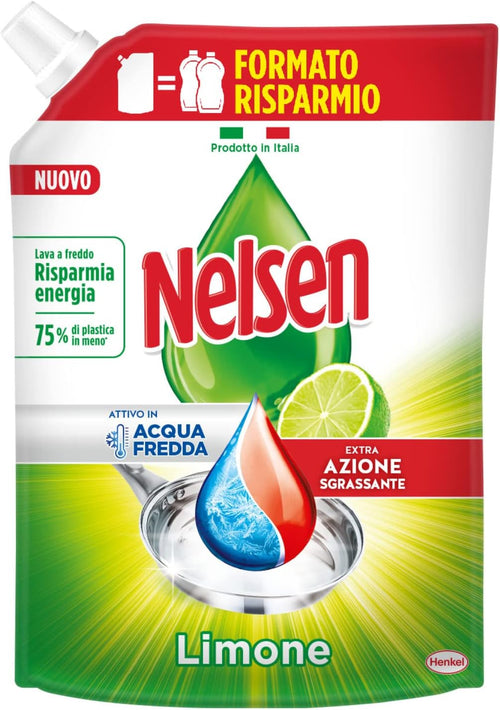 Nelsen Classico Limone, formato ricarica, Detersivo per piatti a mano, Sgrassa a fondo con azione Rinfrescante sulle Stoviglie, confezione singola da 1650 ml