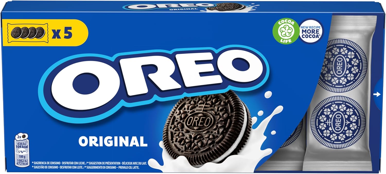 Oreo Original, Biscotti al Cacao Ripieni di Crema al Gusto Vaniglia, 220g (5 monoporzioni da 44g)