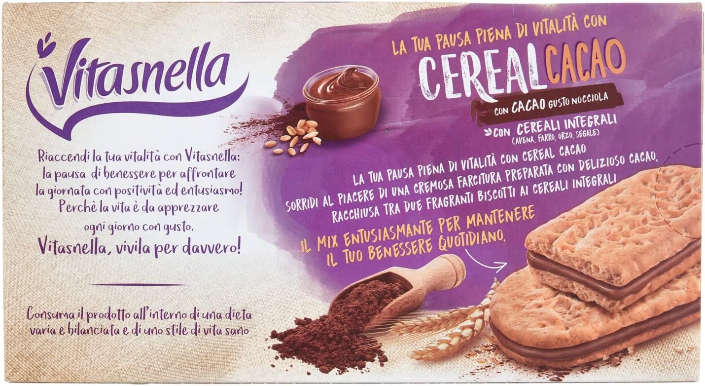 Vitasnella Cereal Crema - Biscotti ai Cereali con Farcitura al e Gusto Nocciola Cacao, 250 Grammi