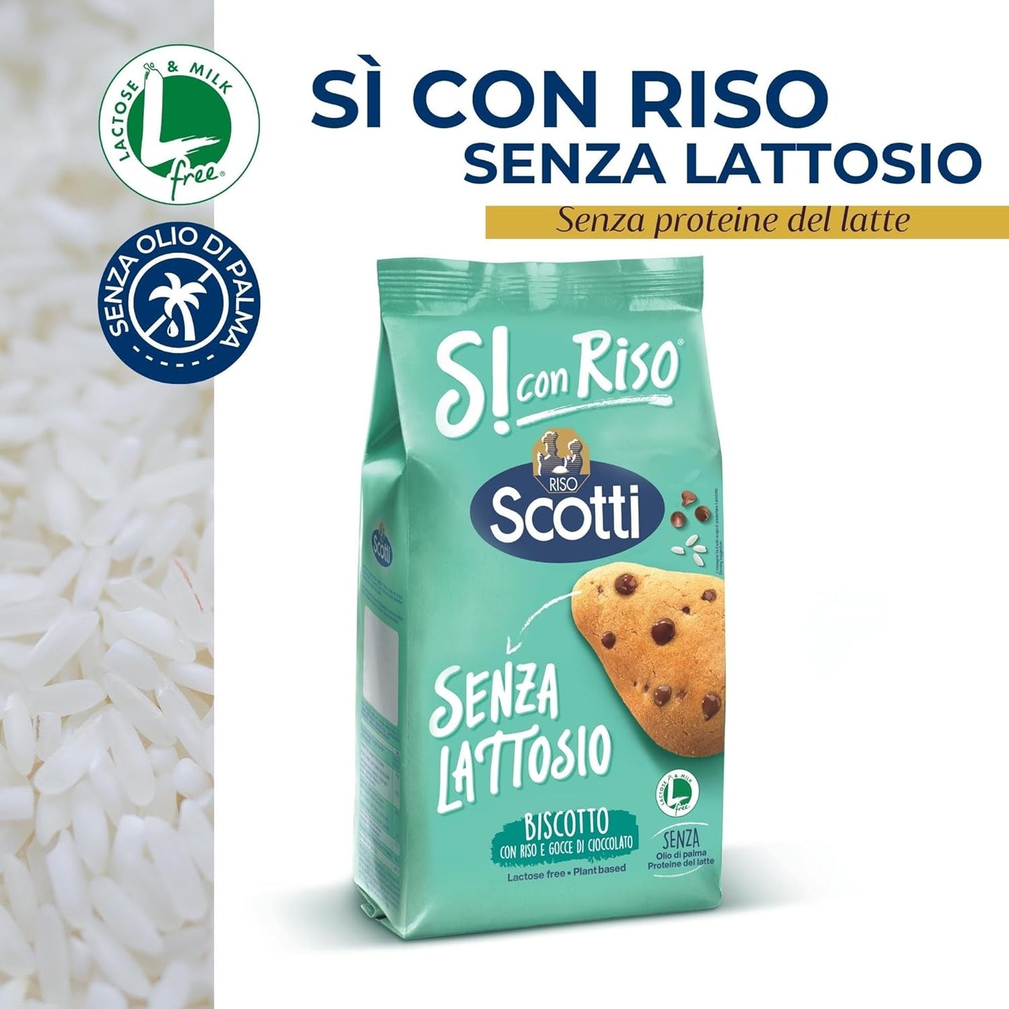 Si con Riso - Biscotti con Riso e Gocce di Cioccolato Senza Lattosio - Ideali per la Colazione, Senza Olio di Palma - 350 gr