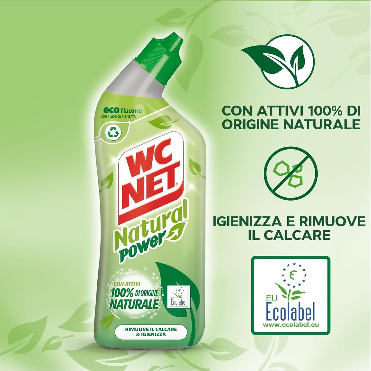 Wc Net - Natural Power Gel, Anticalcare e Igienizzante per Sanitari e Superfici, Pulitore Liquido per Wc, 700 ml