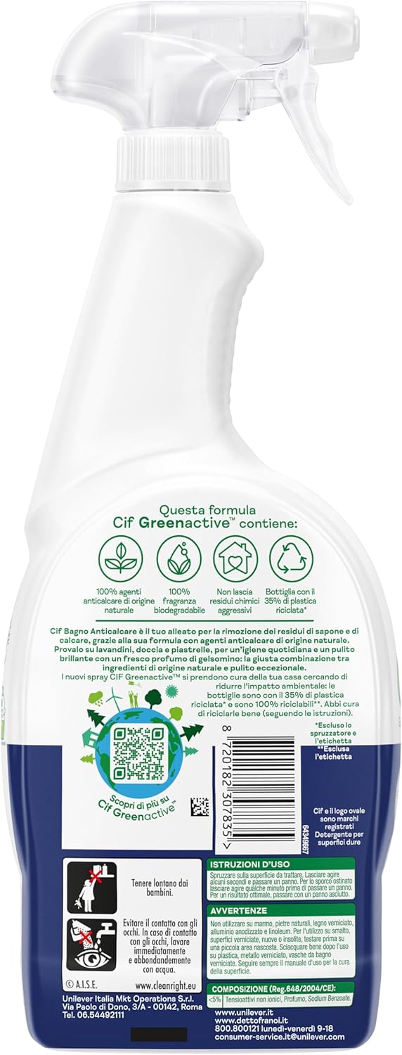 Cif Bagno, Spray Detergente Bagno Anticalcare, 650 ml, per la Rimozione di Residui di Sapone e Calcare, con Profumo al Gelsomino e Agenti Pulenti di Origine Naturale, 100% Fragranza Biodegradabile