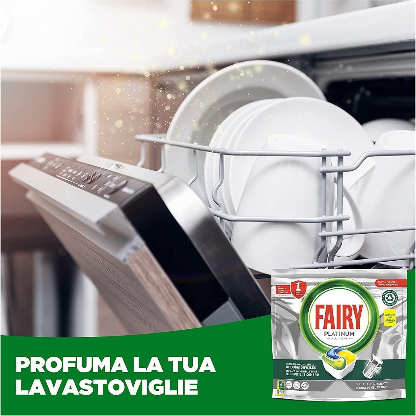 Fairy Platinum Detersivo Pastiglie Lavastoviglie Brillantante, 33 Capsule Lavastoviglie, Limone, Con Sistema Di Prelavaggio Integrato, Efficace Nelle Sfide Difficili Contro Lo Sporco