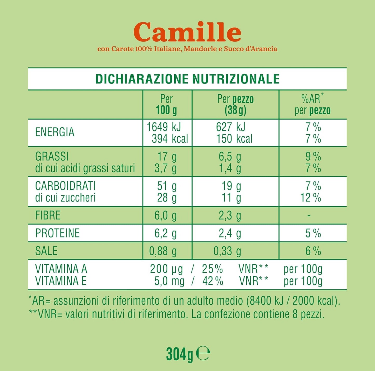 Mulino Bianco Merendine Camille con Carote, Mandorle e Succo d'Arancia, Ricche di Fibre, Snack Dolce per la Merenda, Confezione con 8 Monoporzioni, 304 g