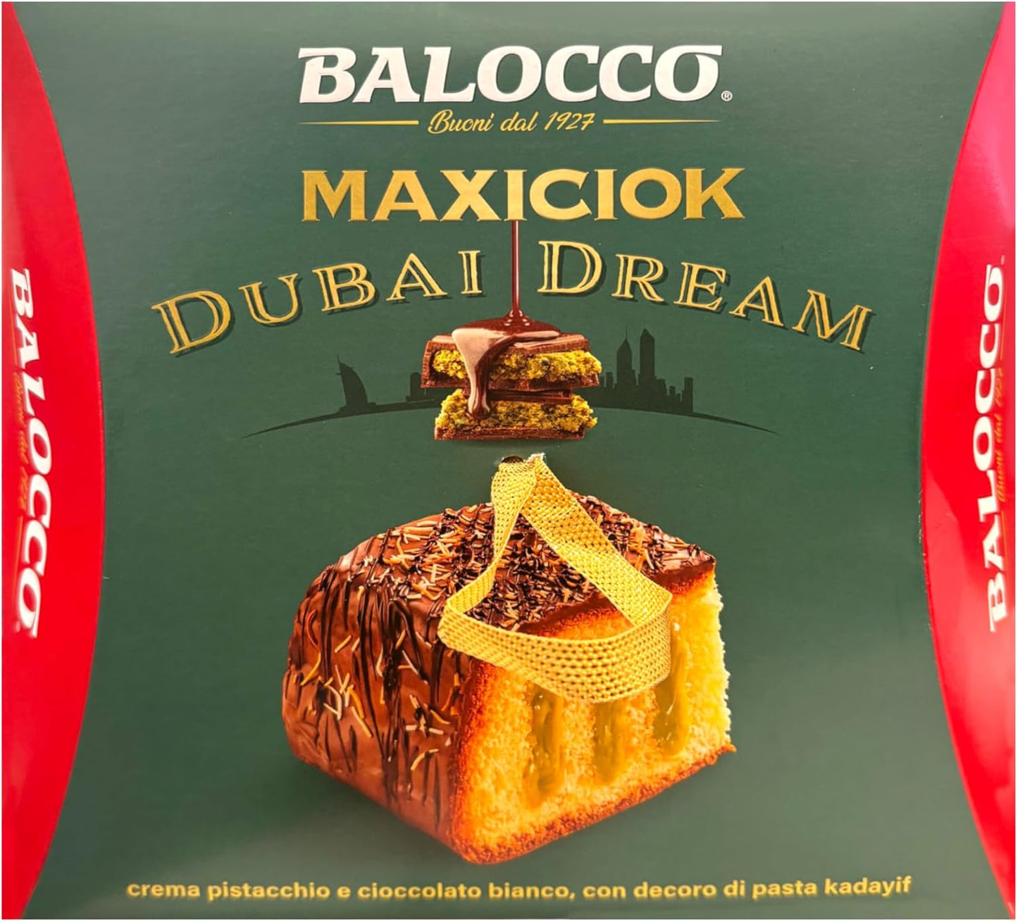 BaIocco Maxiciok Dubai Dream 650g – Dolce al Pistacchio e Cioccolato con Copertura al Latte e Fondente – Specialità con Crema Pistacchio e Decorazione Kadayif – Idea Regalo Elegante