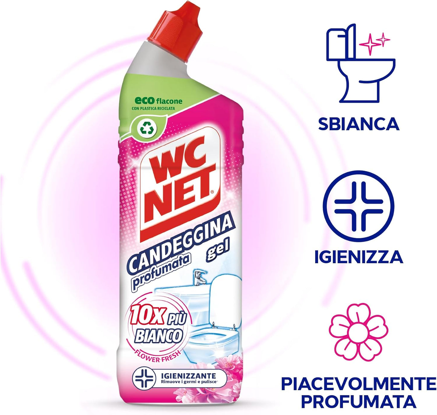 Wc Net - Candeggina Gel Profumata, Detergente per Sanitari e Superfici, Azione Sbiancante e Igienizzante, Fragranza Flower Fresh, 700 ml