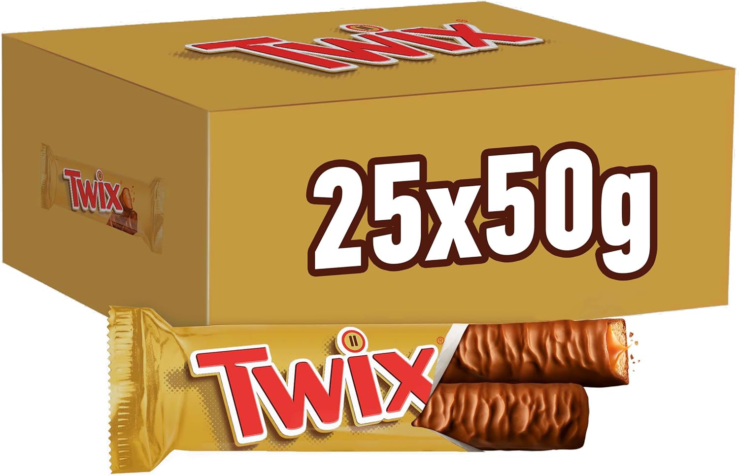 Twix, Barretta Snack con Biscotto Gustoso e Croccante Con Caramello Ricoperto di Cioccolato al Latte, 25 barrette x50g (1250g), Vecchia versione