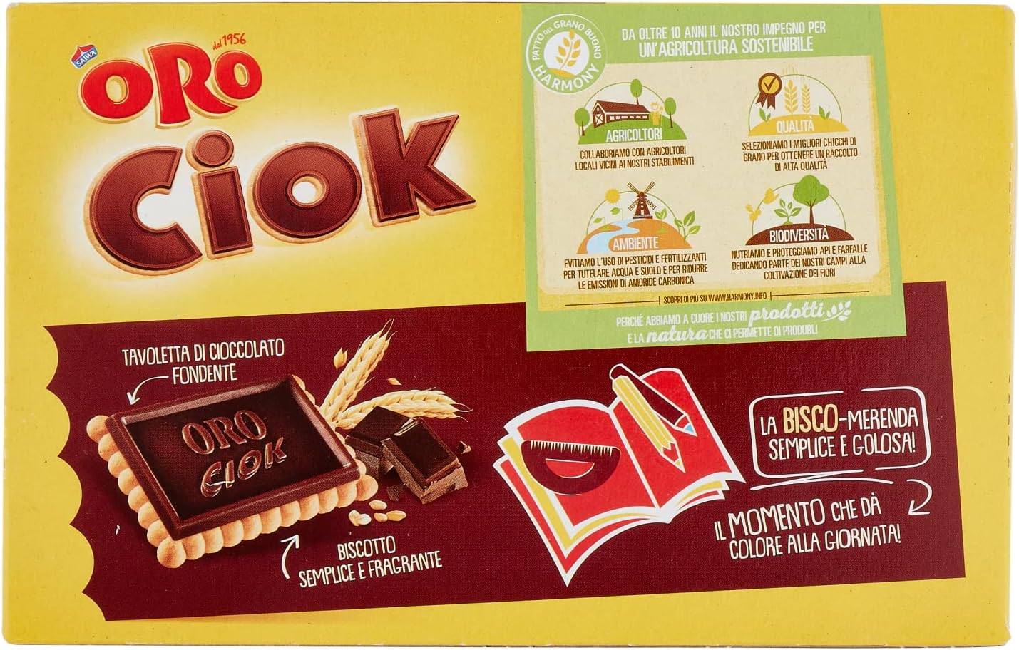 Oro Ciok, Biscotto con Tavoletta di Cioccolato Fondente, Merenda Semplice e Golosa, Fonte Naturale di Fibre, Senza Coloranti e Conservanti, 200g (8 monoporzioni da 25g)