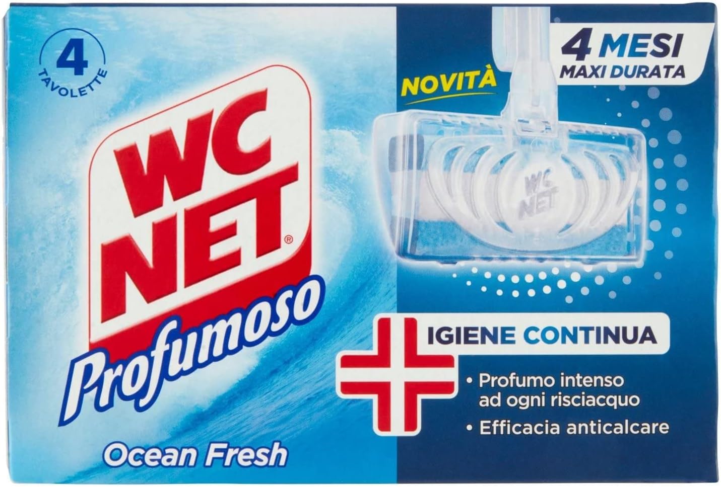 Wc Net - Tavoletta Profumoso Igiene Continua, Detergente Igienizzante Solido per WC, Azione Anticalcare e Profumo Intenso, Fragranza Ocean Fresh, 4 Pezzi