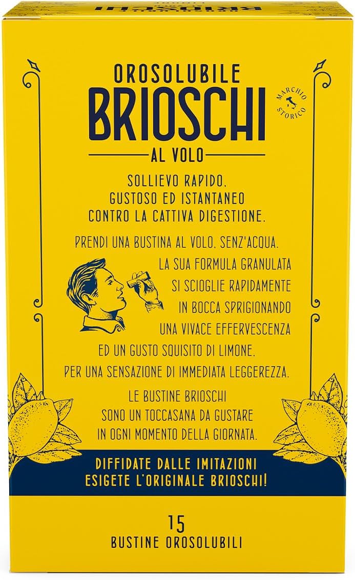 Orosolubile Brioschi al volo Limone - 15 Bustine di granulato digestivo e effervescente, da usare senz'acqua - Allo squisito gusto di limone - per un sollievo gustoso ed istantaneo - 15g