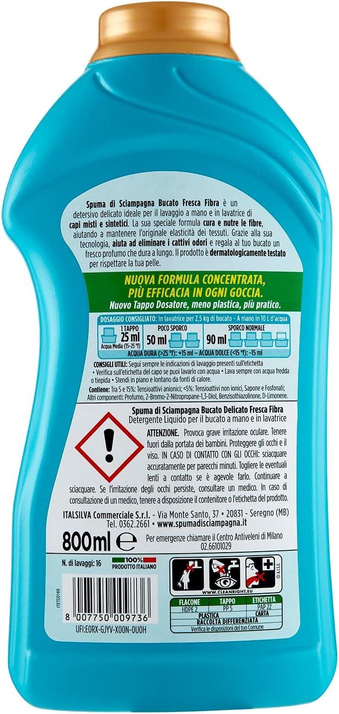 Spuma Di Sciampagna Detersivo per Bucato Liquido Delicato Fresca Fibra 16 Lavaggi - 800 ml