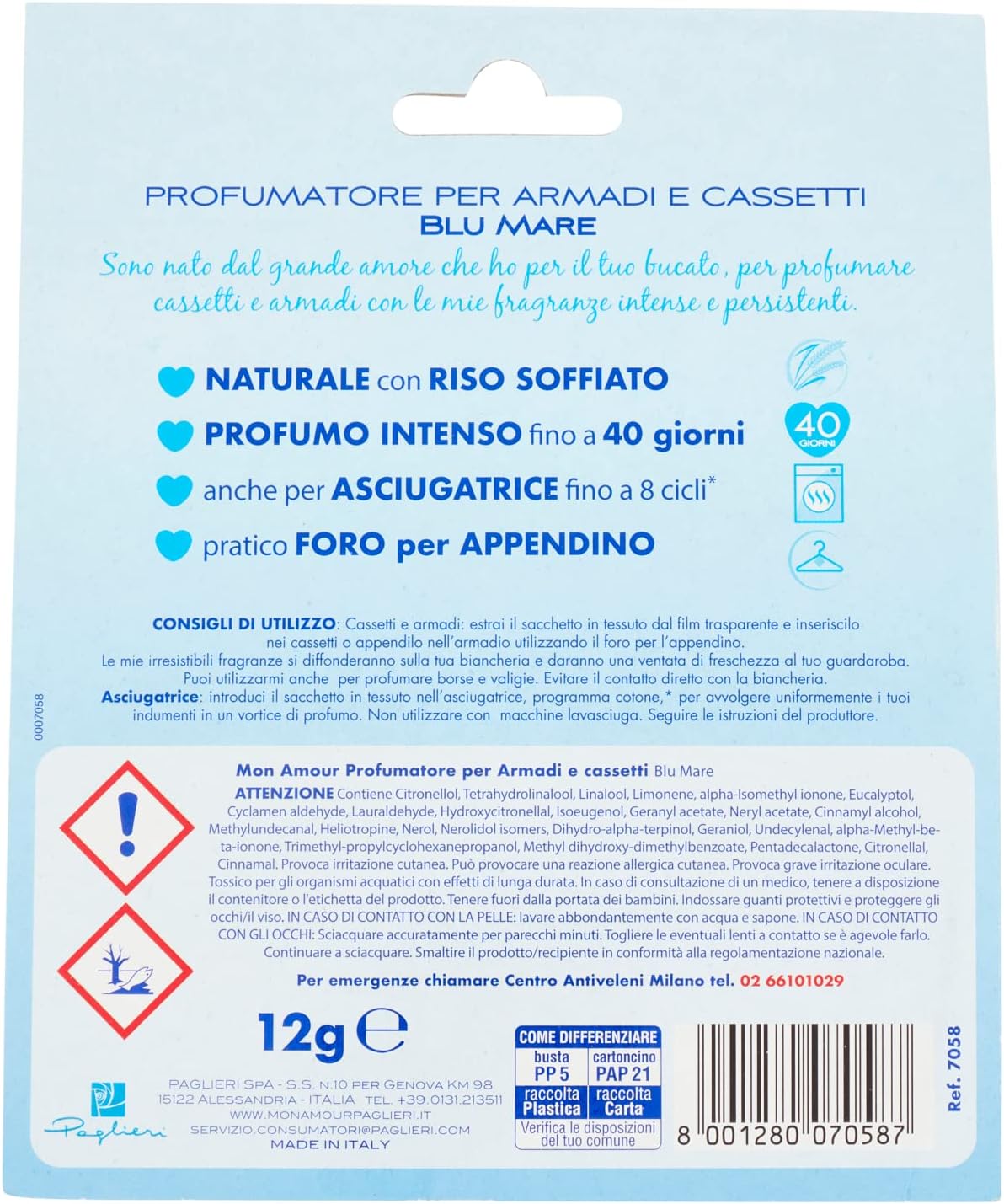 Felce Azzurra Mon Amour - Profumatore per Armadi e Cassetti, Blu Mare, Extra Profumo - 1 Bustina x 20 gr