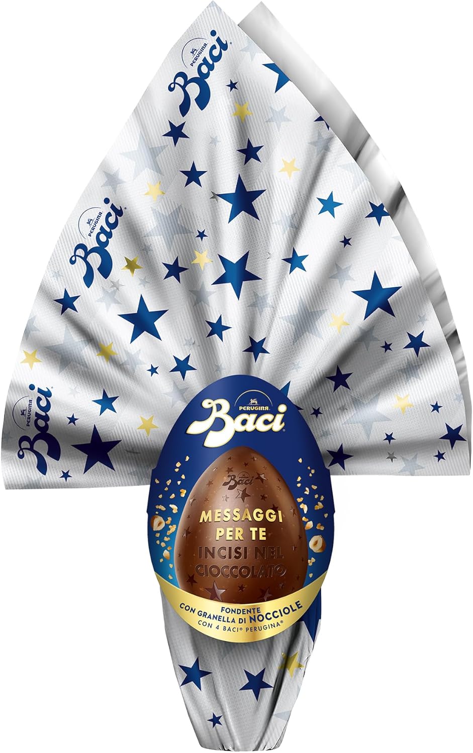BACI PERUGINA Uovo di Pasqua 2025 Cioccolato Fondente Inciso con granella di Nocciole e 4 Cioccolatini 310g