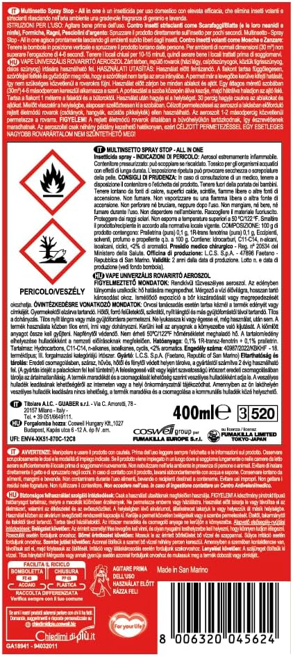 Vape, Multinsetto Spray, Insetticida a Uso Domestico con Elevata Efficacia, Elimina Insetti Volanti e Striscianti,Gradevole Fragranza di Geranio e Lavanda, 400 ml