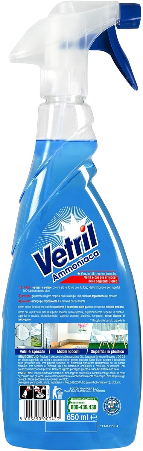 Vetril - Detergente Spray Superfici con Ammoniaca, Azione Sgrassante e Brillantezza Senza Aloni, 650 ml