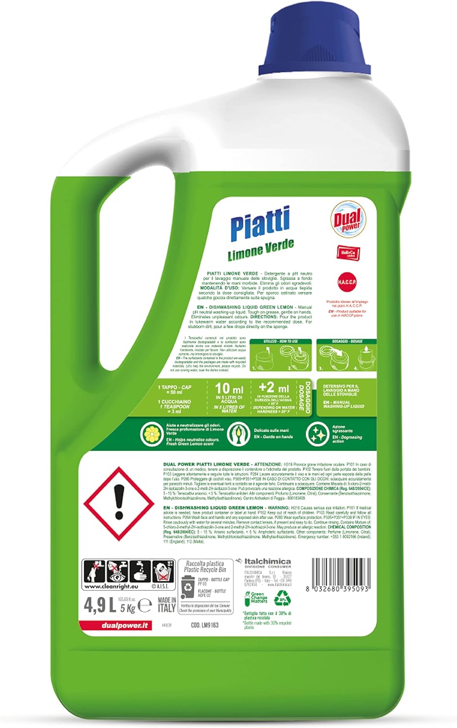 Dual Power Detergente HACCP per Lavaggio Manuale dei Piatti - Sgrassa a fondo, Fomato Professionale da 4,9 Litri - Limone Verde