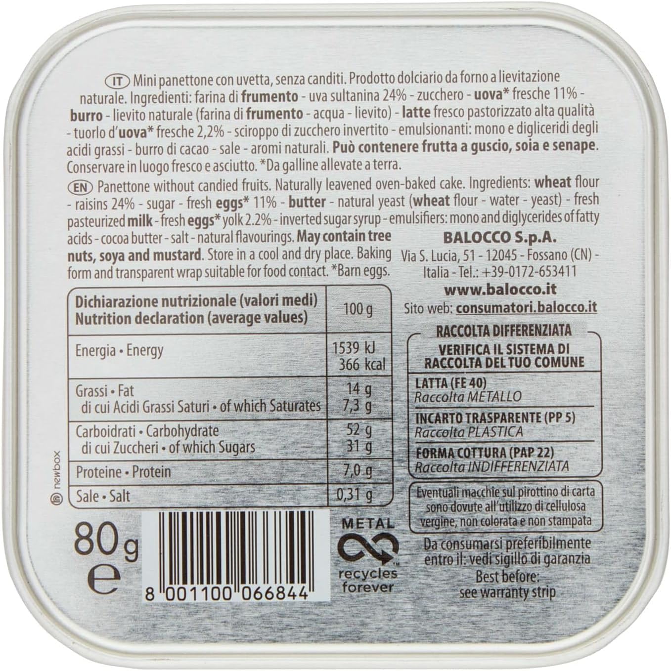 Balocco Inter (Edizione 2023) Mini Panettone con Uvetta e Senza Canditi 80g