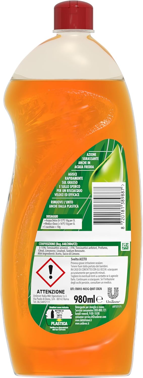 Svelto Clean Active Tecnology, Detersivo Piatti Svelto con +99% Ingredienti Biodegradabili, Sgrassa in Acqua Fredda e Rimuove l'Unto dalla Plastica, per un Risciacquo Veloce, Aceto, Formato 980ml