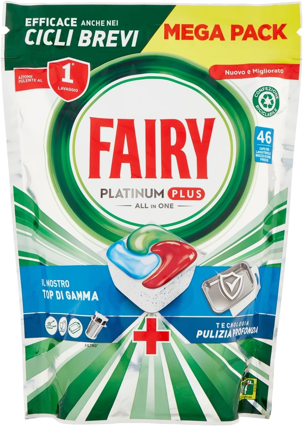 Fairy Pastiglie Lavastoviglie Platinum Plus Pulizia Profonda, Detersivo Piatti Erbe 46 Capsule, 714g