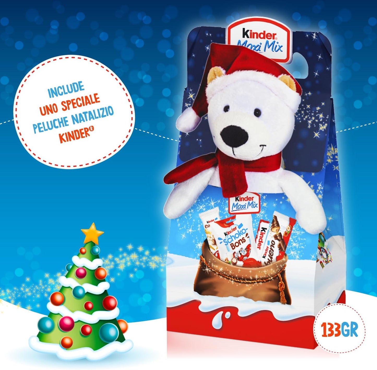 Kinder Mix Peluche - 11 Snack Dolci al Cioccolato Assortiti, Box Speciale con Orso Peluche Natalizio, Idea Regalo, Confezione da 133 gr