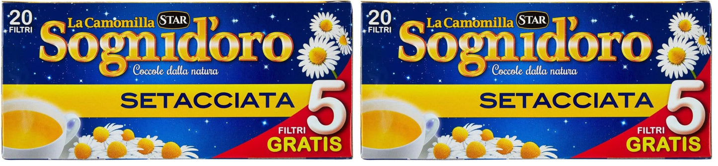 Camomilla Sogni d'oro setacciata, astuccio da 20 Filtri, concediti un po' di relax e sonni tranquilli, gusto inconfondibile e piacevole, pronta soli in 5 min. (Confezione da 2)