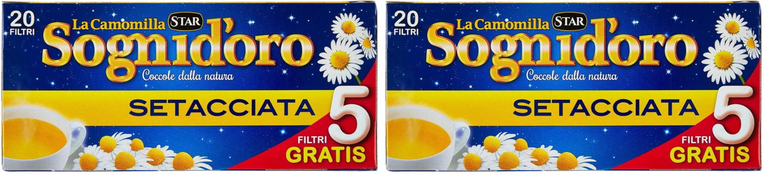 Camomilla Sogni d'oro setacciata, astuccio da 20 Filtri, concediti un po' di relax e sonni tranquilli, gusto inconfondibile e piacevole, pronta soli in 5 min. (Confezione da 2)