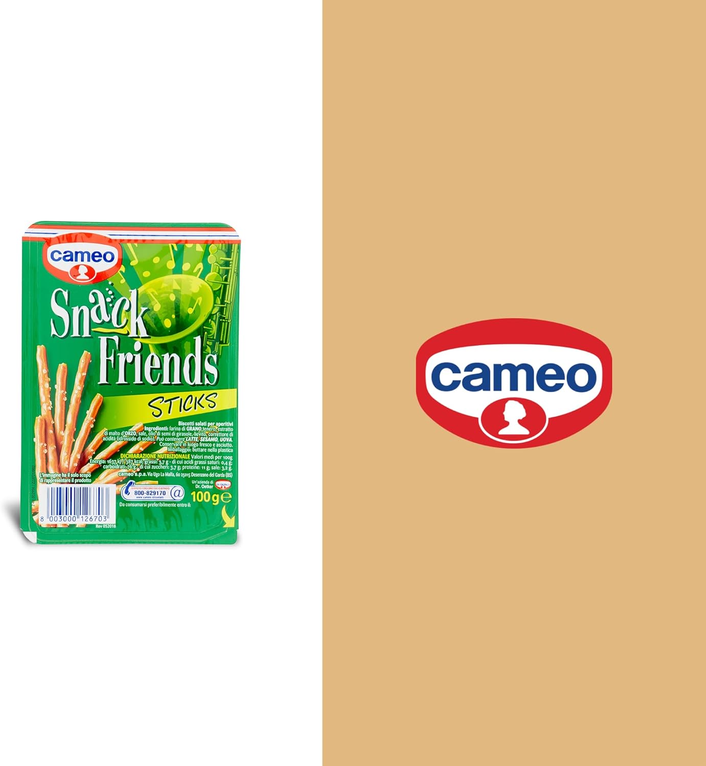 Cameo Snack Friends Sticks 100 g, Biscotti Salati per Aperitivi, Fragranti Stuzzichini con Granelli di Sale in Superficie da Gustare in un Pratico Astuccio per 100 g Complessivi