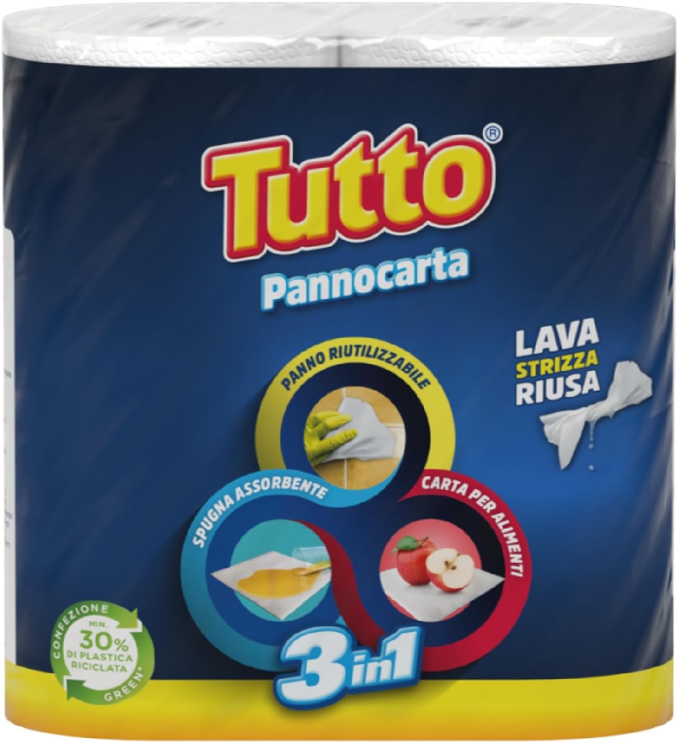 Tutto Pannocarta 3 in 1, 2 Rotoli di Carta Multiuso, 1 Velo, 48* strappi, Extra Assorbente, Lavabile e Riutilizzabile più di 20 Volte, 100% Made in Italy