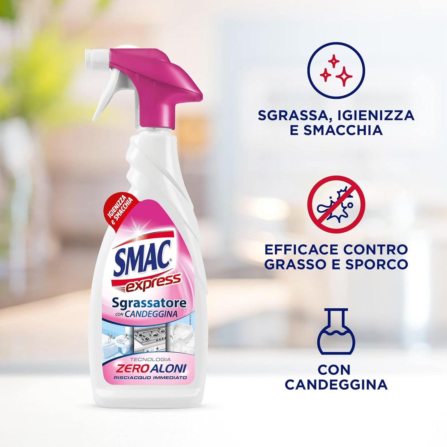 Smac Express - Sgrassatore con Candeggina, Detergente Spray con Azione Sgrassante e Igienizzante, 650 ml