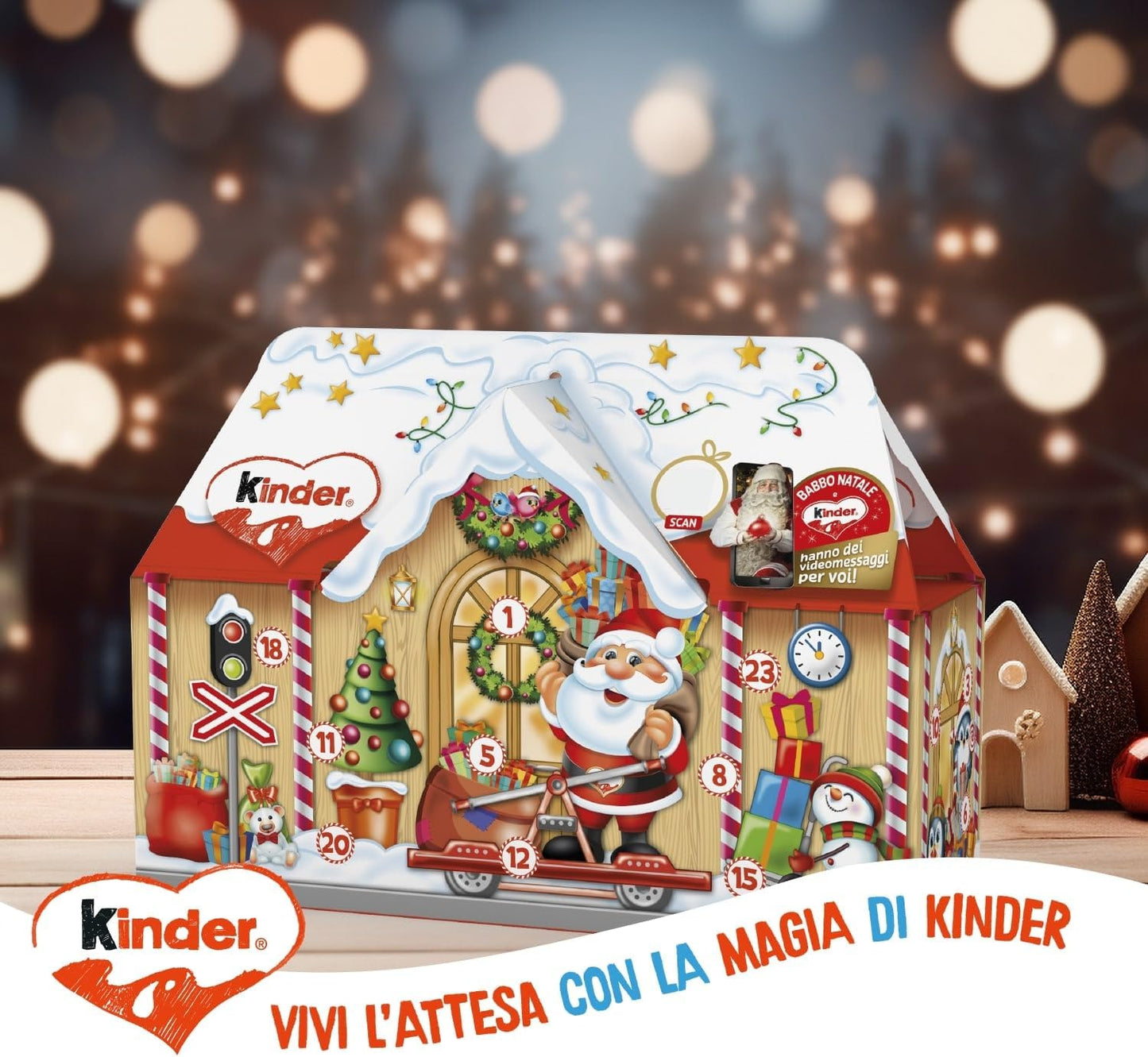 Kinder Dolce Casa - Calendario Avvento 2024, 24 Cioccolatini e Snack Assortiti Kinder, con Speciale Videomessaggio da Babbo Natale, Idea Regalo, Confezione da 234 gr