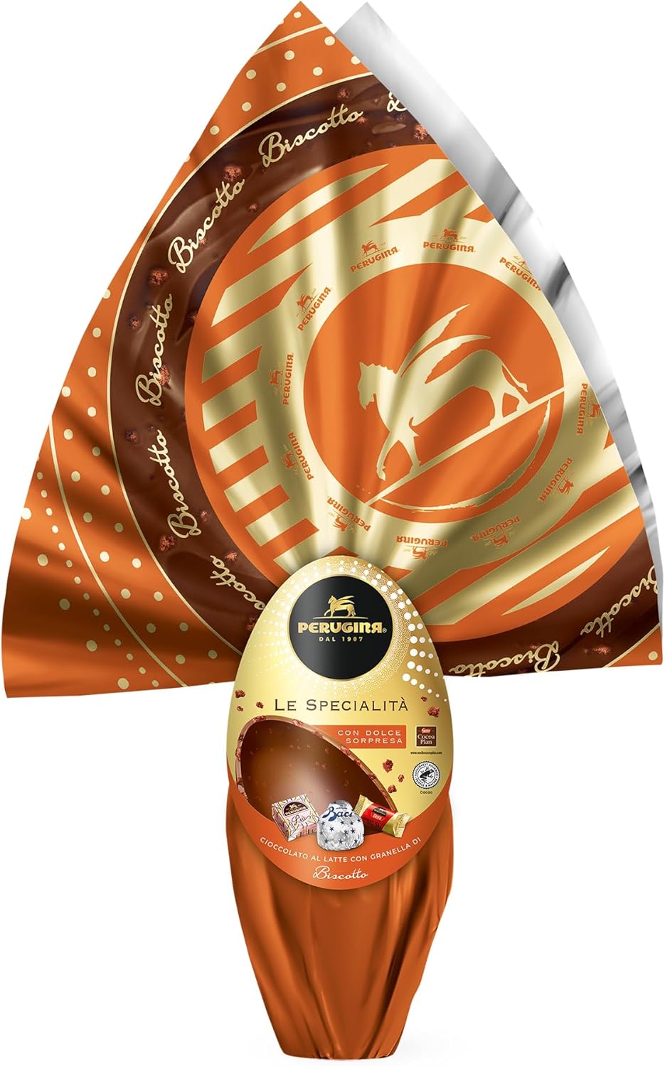 PERUGINA Uovo di Pasqua 2025 Cioccolato al Latte e granella di Biscotto con 3 Cioccolatini 245g