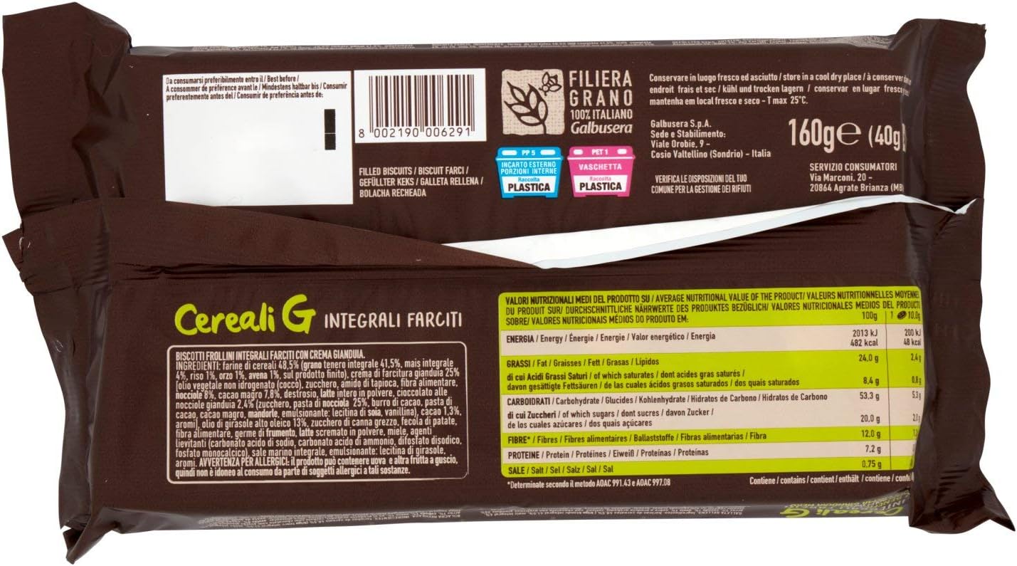 Biscotti Galbusera Cereali G Frollini Integrali Con Crema Gianduia Nero Da 160 g