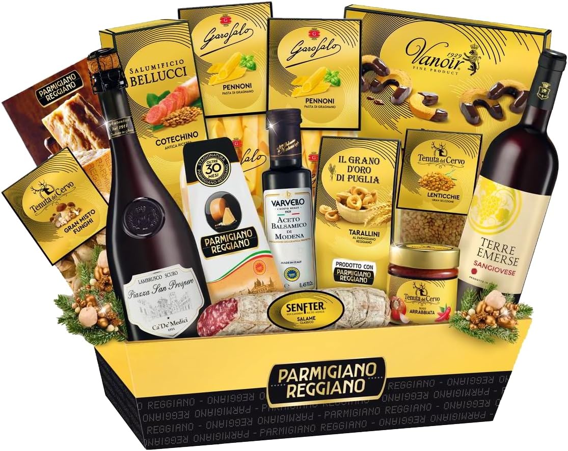 Le Cadeau Cesto Gran Emilia 2024 con 15 Pezzi: Spumante, Parmigiano Reggiano, Salame, Aceto, Cotechino, Lenticchie, Pasta, Sugo, Funghi, Vino, Tarallini