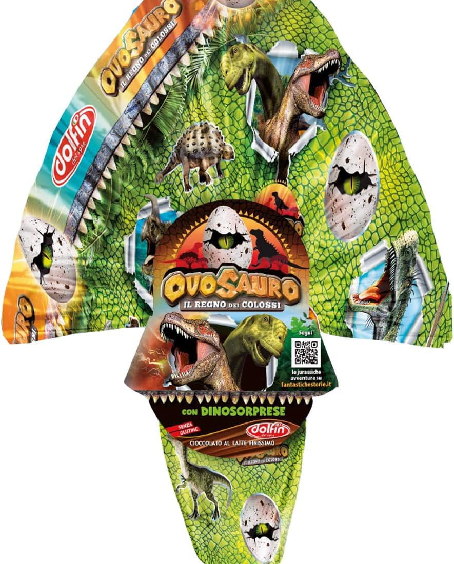 Uovo pasqua Ovosauro dinosauri 220g per tutti i bambini che amano la preistoria e il mondo dei fossili in cioccolato al latte finissimo con sorpresa