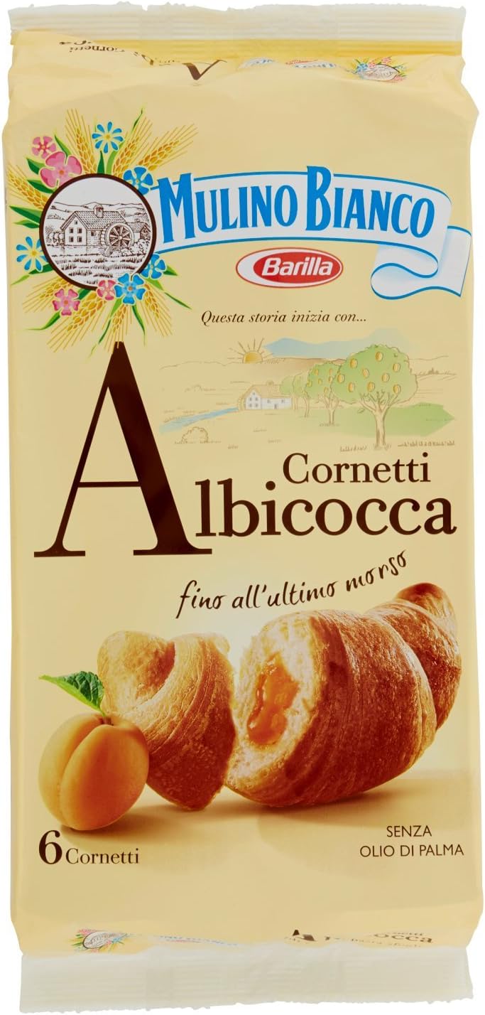 Mulino Bianco Cornetti con Confettura di Albicocche 100% Italiane - 6 brioches - 300 g