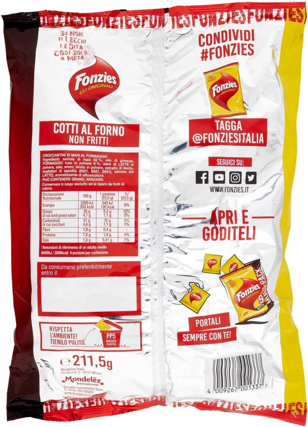 4X Fonzies Gli Originali Croccantini di Mais al Formaggio Cotti al Forno Multipack 9 Buste 211g [CAIYA® BOX da 4 Confezioni]