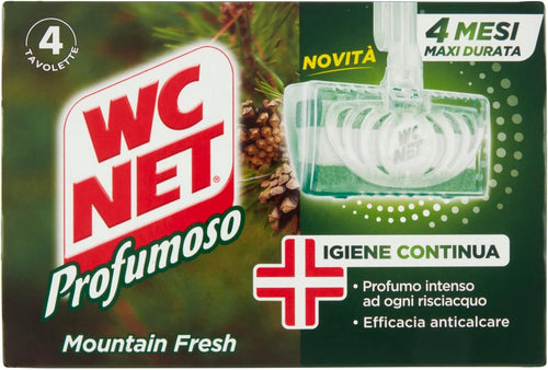 Wc Net - Tavoletta Profumoso Igiene Continua, Detergente Igienizzante Solido per WC, Azione Anticalcare e Profumo Intenso, Fragranza Mountain Fresh, 4 Pezzi