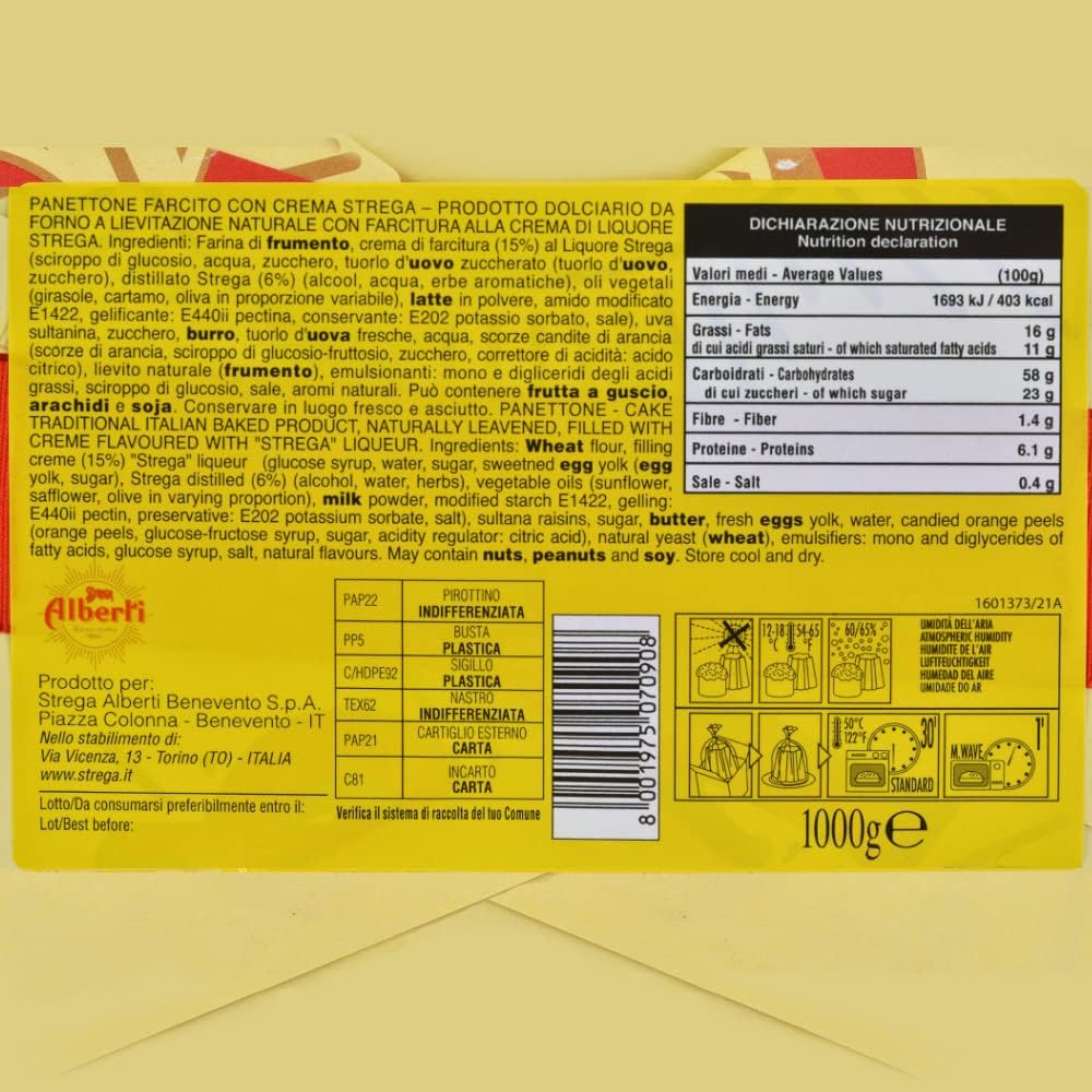 2X Strega Alberti Panettone Soffice Farcito con Crema al Liquore Strega, Uvetta e Canditi 1kg (2023) [2 Panettoni]